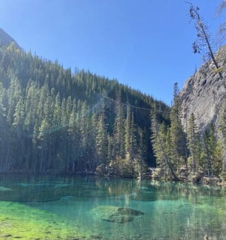 Turquoise Grassi Lake in Kananaskis in summer