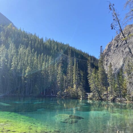 Turquoise Grassi Lake in Kananaskis in summer