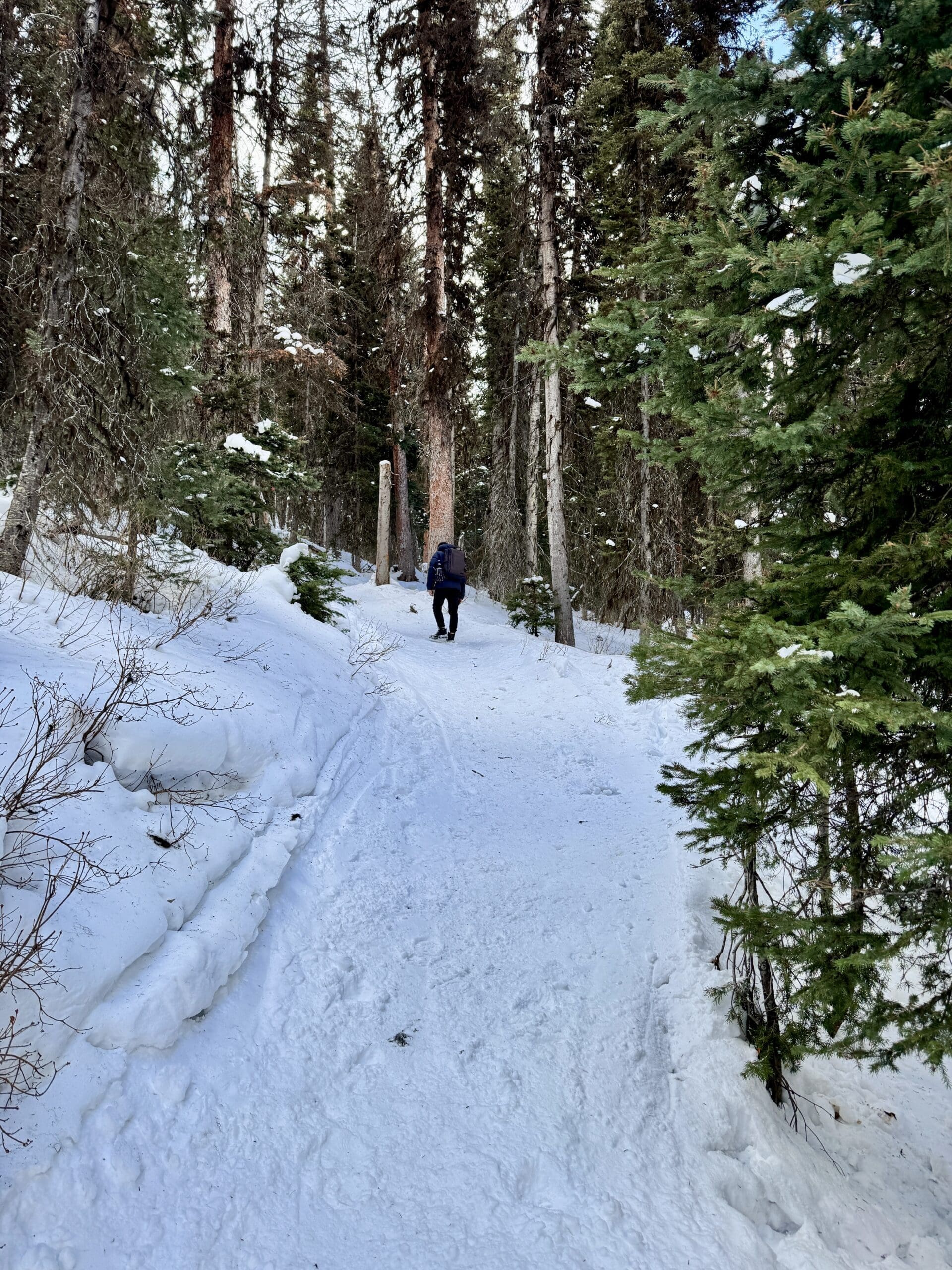 Hiking up the Rawson Lake Trail, one of the best hikes in Kananaskis, with packed snow