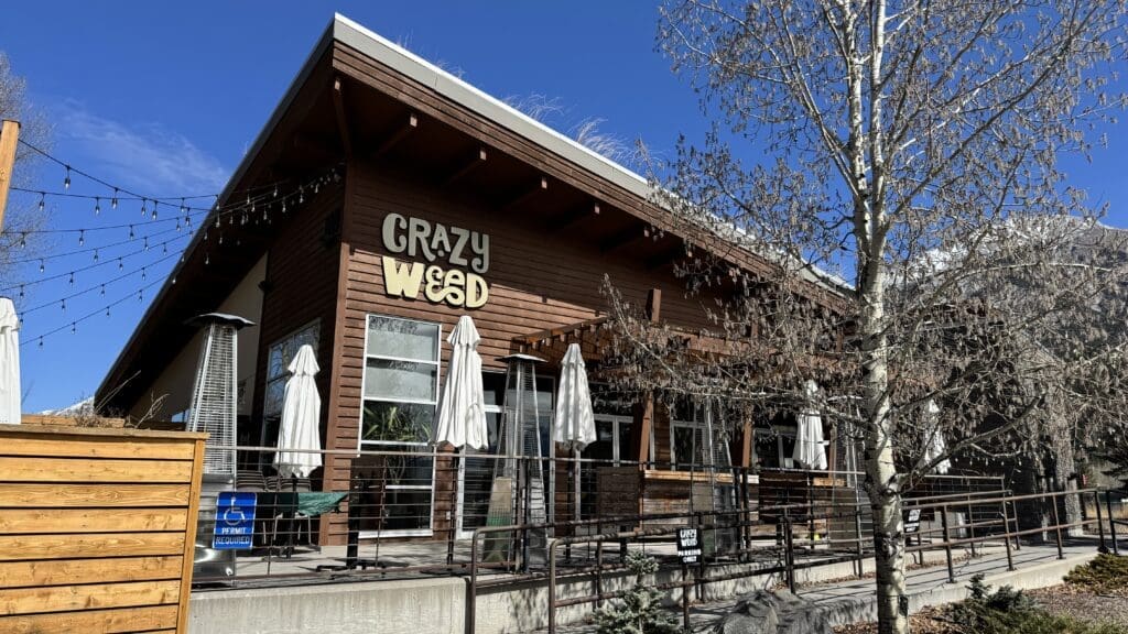 Exterior of Crazyweed Kitchen in Canmore, Alberta, featuring a modern wooden façade, outdoor patio with heaters and string lights, and a clear view of the restaurant’s unique sign under a bright blue sky.