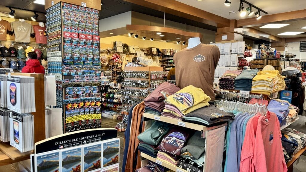 Shopping at souvenir stores in Banff Town with souvenirs such as T-shirts, key rings, magnets, post cards and more