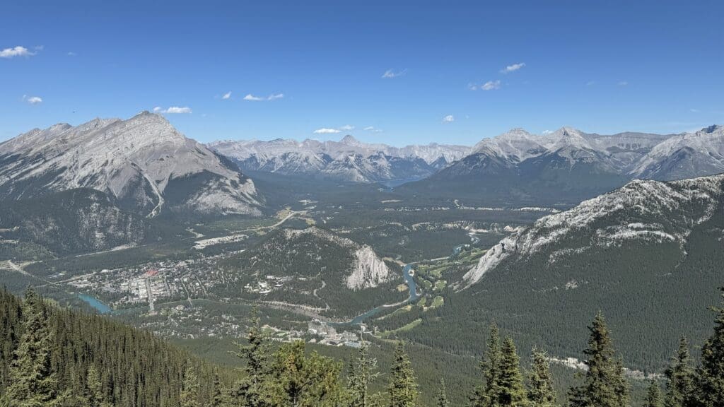 Beautiful scenery of Banff Town and Bow River after hiking up Sulphur Mountain in Banff National Park