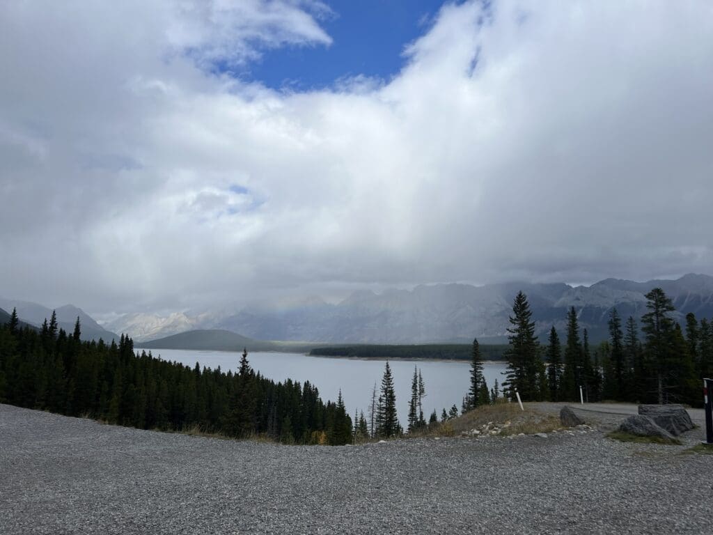 A light rainbow over Upper Kananaskis Lake