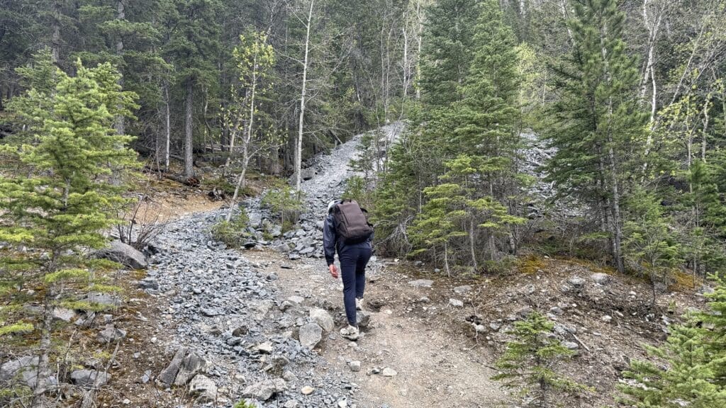 A person with a backpack hikes through a rocky forest trail to Heart Creek Bunker Trail in Kananaskis, Alberta surrounded by tall evergreen trees, conveying a sense of adventure and solitude.