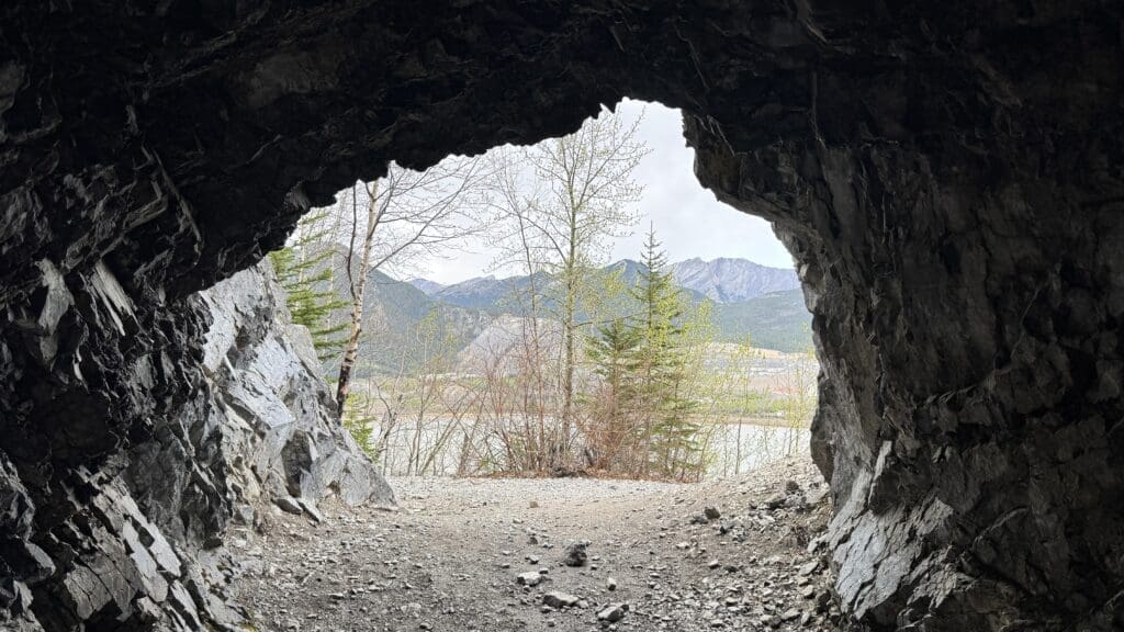 View from inside Heart Creek Bunker in Canmore, Alberta looking out at a serene landscape of trees and distant mountains under a cloudy sky