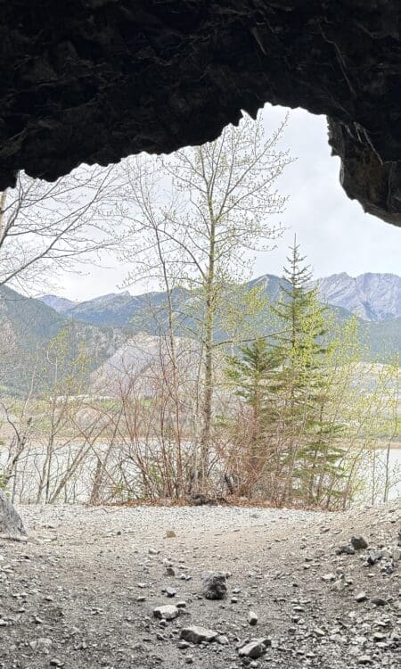 View from inside Heart Creek Bunker in Canmore, Alberta looking out at a serene landscape of trees and distant mountains under a cloudy sky
