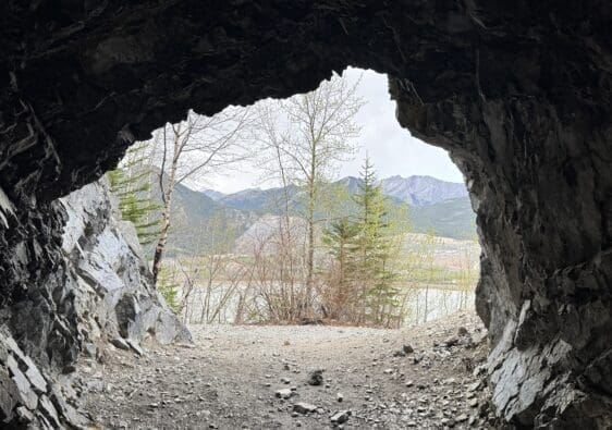 View from inside Heart Creek Bunker in Canmore, Alberta looking out at a serene landscape of trees and distant mountains under a cloudy sky