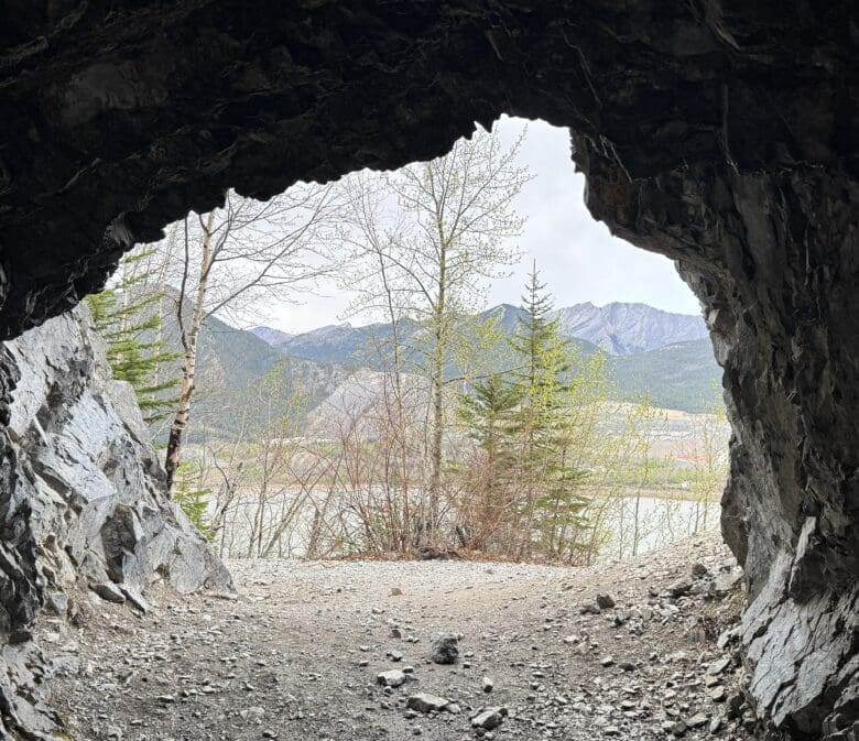 View from inside Heart Creek Bunker in Canmore, Alberta looking out at a serene landscape of trees and distant mountains under a cloudy sky