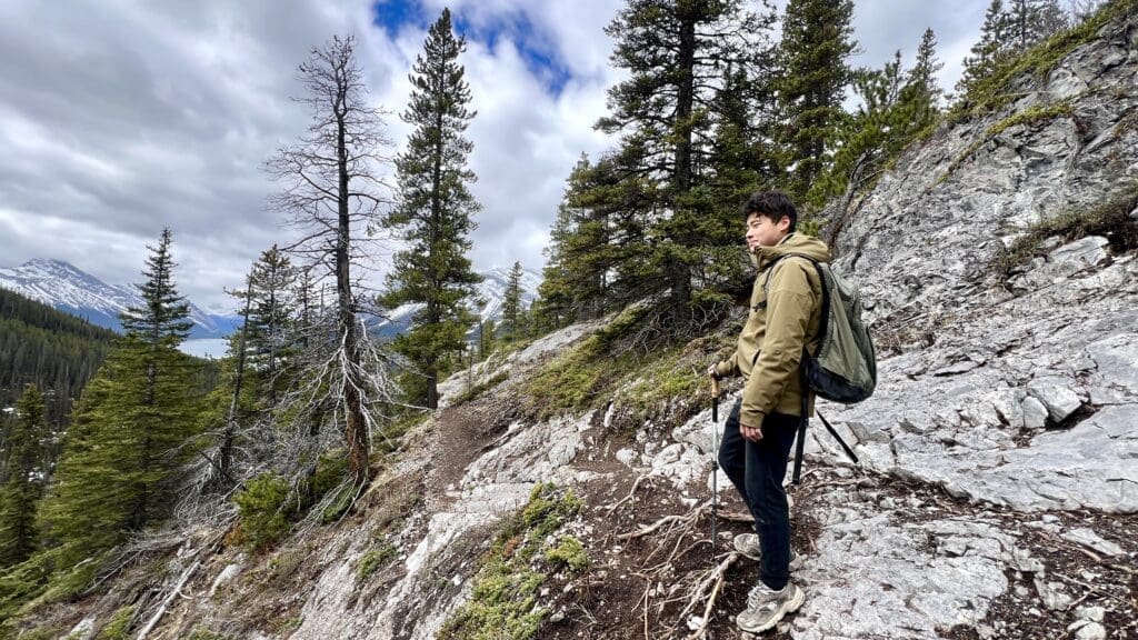 A person with a backpack and walking stick stands on West Wind Pass trail in Kananaskis, Alberta surrounded by pine trees. Snow-capped peaks are visible in the distance.