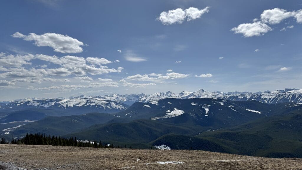 Snow-capped mountain range under a partly cloudy sky, with forested hills and a grassy foreground, viewing from Prairie Mountain Summit in Kananaskis