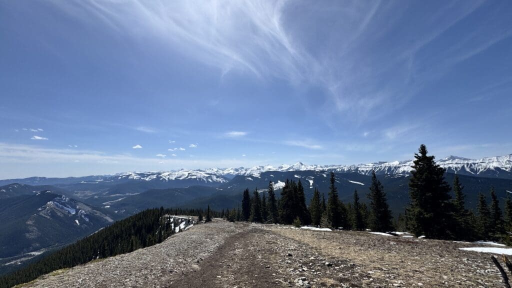 Spring hike on Prairie Mountain in Alberta Canada with clear blue skies snowy peaks and evergreen trees in the Canadian Rockies on a sunny day