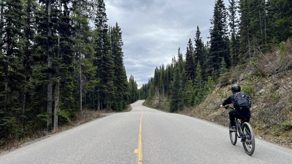 Cyclist on a winding Moraine Lake Road through a dense pine forest under an overcast sky. The scene conveys a sense of adventure and tranquility.