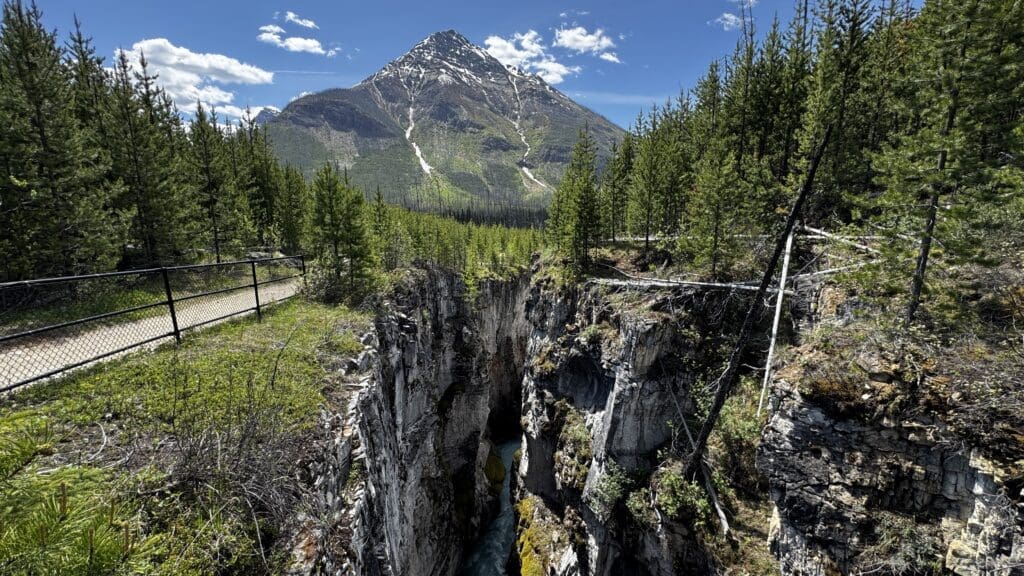 A deep rocky Marble Canyon in Kootenay National Park, BC with a river runs through a forest of evergreen trees. In the background, a snow-capped mountain under a blue sky.