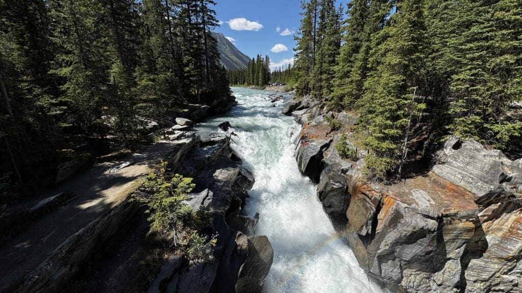 A rushing river cuts through rocky terrain, forming Numa Falls in Kootenay National Park, BC, flanked by dense pine trees under a clear blue sky. A faint rainbow arcs over the whitewater rapids.