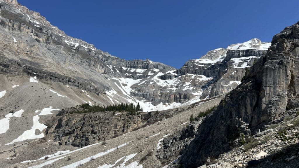 Rocky mountain landscape at Stanley Glacier Trail in Kootenay National Park, BC with rugged cliffs, sparse snow patches, and clusters of evergreen trees. The sky is clear blue, creating a serene, majestic feel.