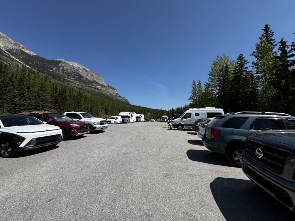 Parking lot at Stanley Glacier Trail in Kootenay National Park, BC beneath clear blue sky, surrounded by evergreen trees and a mountain peak. Various vehicles are parked, creating a busy yet serene atmosphere.