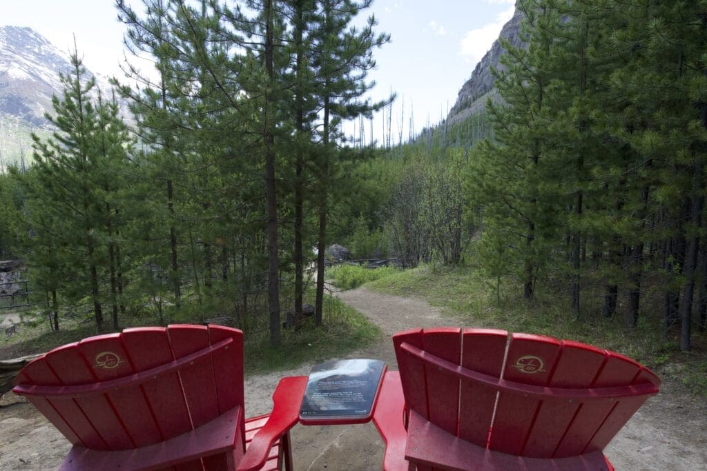 Two red chairs at Marble Canyon in Kootenay National Park, BC face a scenic view of a pine forest and mountain range under a blue sky. A small path leads into the serene landscape.