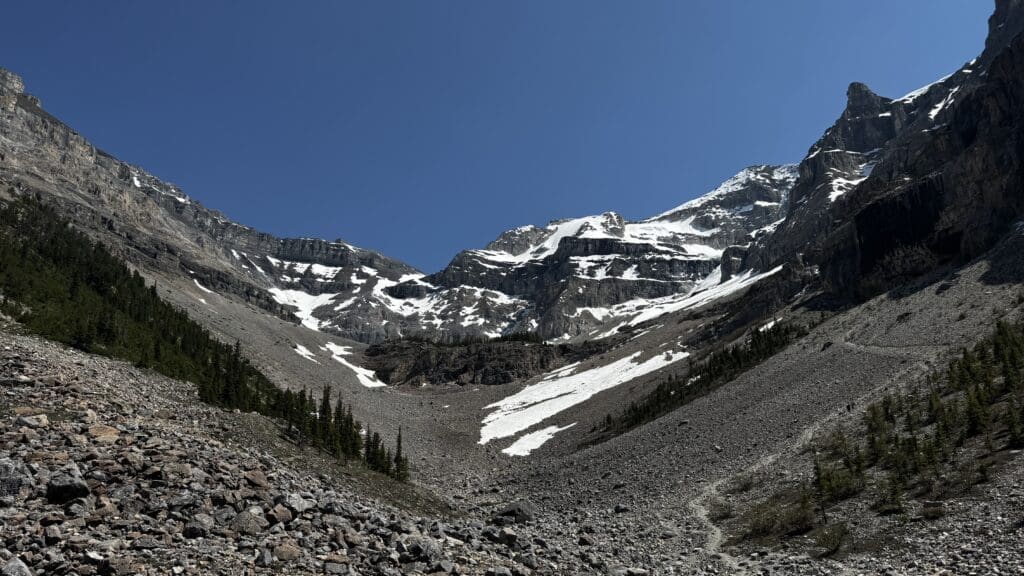 Snow-capped mountains with exposed rocky surfaces rise under a clear blue sky along Stanley Glacier Trail in Kootenay National Park, BC. The foreground features a rugged terrain with scattered trees.