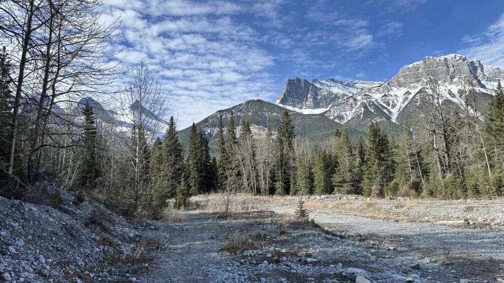 Rocky mountain landscape with snow-capped peaks under a blue sky. Foreground features a dry, rocky riverbed flanked by leafless and evergreen trees.