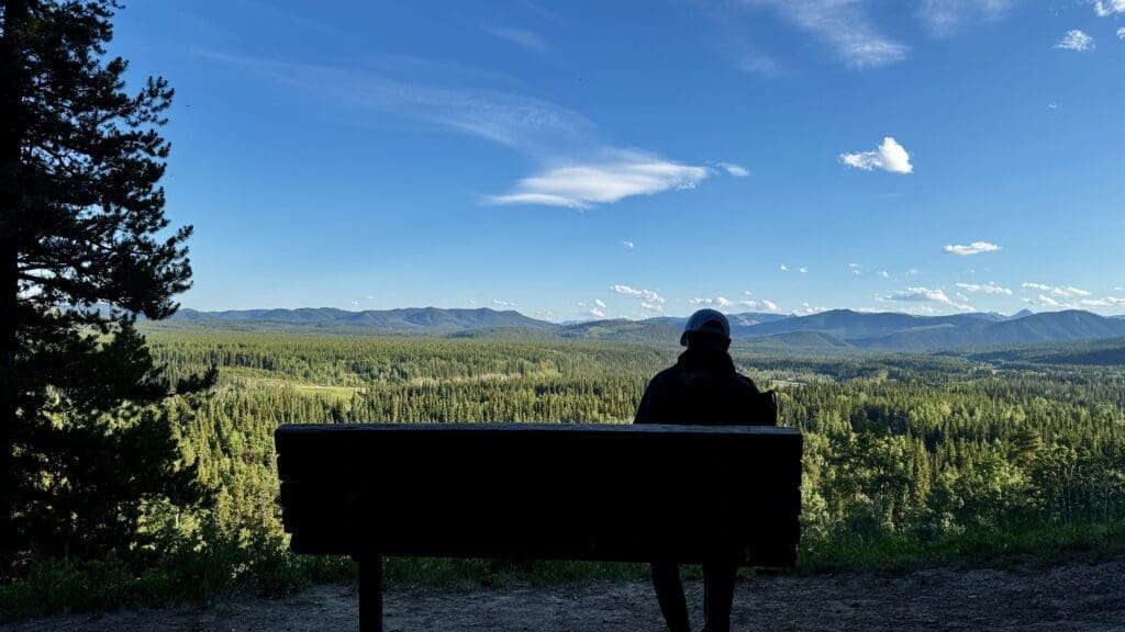 A person sits on a bench along Fullerton Loop in Kananaskis, Alberta, overlooking a vast forest and distant mountains under a clear blue sky. The scene conveys tranquility and contemplation.