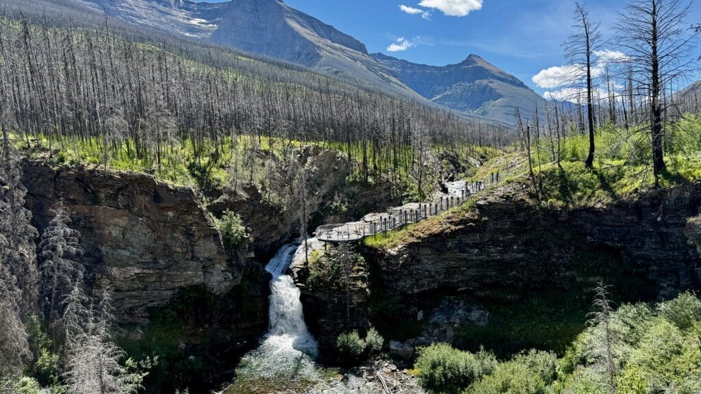 Serene mountain landscape with Blakiston Falls in Waterton Lakes National Park, Alberta cascading into a rocky gorge. Sparse trees and green vegetation surround, with towering mountains in the background under a clear blue sky.