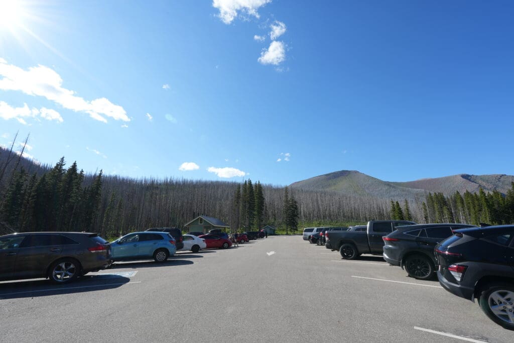 Parking lot at Cameron Lake in Waterton Lakes National Park, Alberta with various cars under a clear blue sky, surrounded by tall trees and distant mountains. The atmosphere is calm and bright.