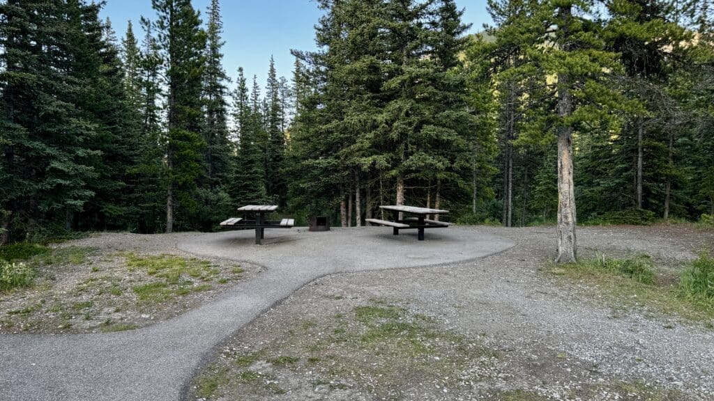 Picnic area in a forest setting in Forgetmenot Pond in Kananaskis, Alberta with two wooden tables on a paved surface. Surrounded by tall evergreen trees under a clear blue sky, the scene is peaceful and inviting.