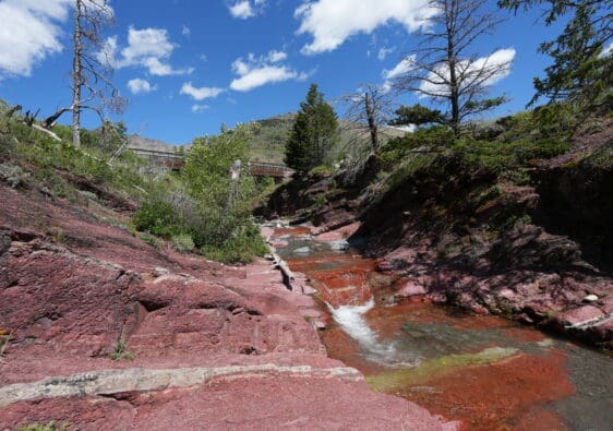 A serene creek flows between striking red rock formations in Red Rock Canyon in Waterton Lakes National Park, Alberta and lush greenery under a bright blue sky with fluffy clouds. The scene feels tranquil and vibrant.