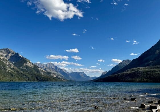 Waterton Lake, Alberta with clear, rippling water reflects towering mountains under a bright blue sky with scattered clouds. A person sits on the rocky shore.