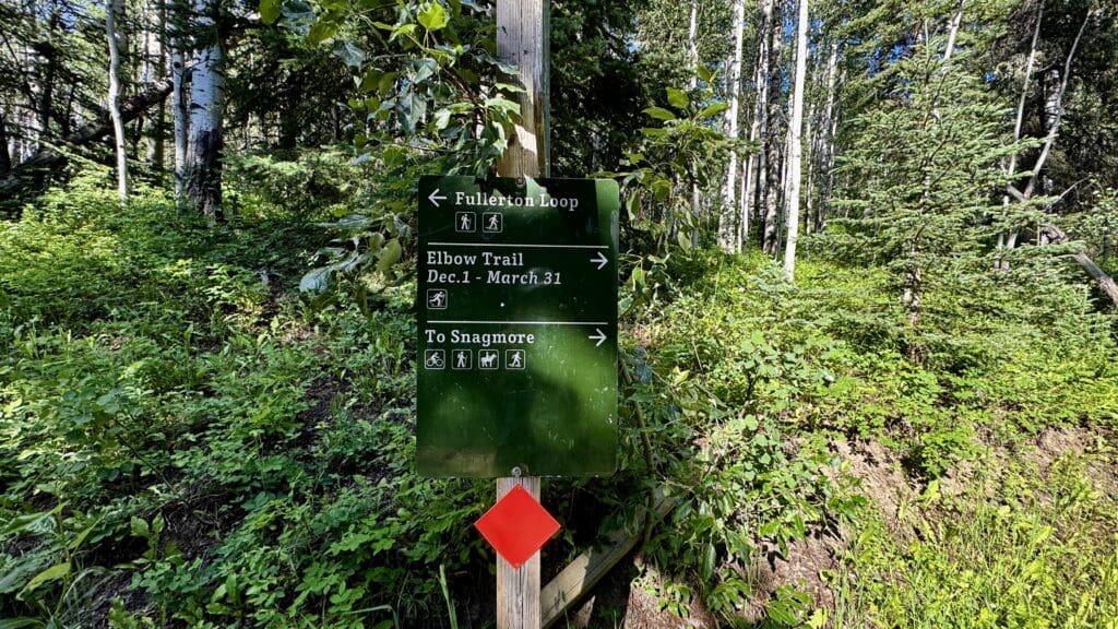 Trail sign in a lush forest showing directions to Fullerton Loop, Elbow Trail, and Snagmore in Kananaskis, Alberta. Green foliage and sunlight create a serene atmosphere.
